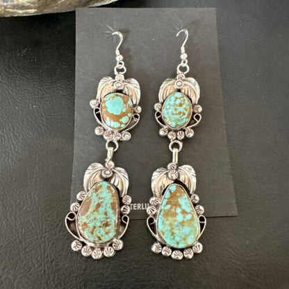 Navajo Blue Turquoise #8 Dangle Earrings | Sterling Silver | Authentic Native American Handmade | 16908
