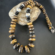 Navajo Coffee Tiger's Eye & Black Onyx Necklace | Sterling Silver Navajo Pearls | 22" | Authentic Native American | 15228
