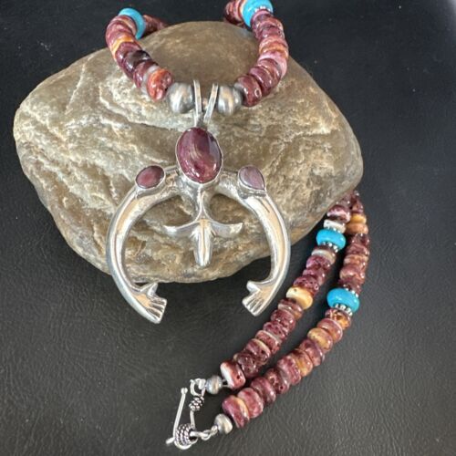 Navajo Purple Spiny Oyster Turquoise Naja Pendant Necklace | Sterling Silver | Native American Handmade | 15263