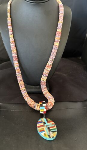 Santo Domingo Multi-Color Spiny Inlay Pendant Necklace | Sterling Silver | 32" | 16854