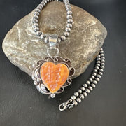 Navajo Orange Spiny Oyster Heart Pendant Necklace | Sterling Silver | Authentic Native American Handmade | 16552