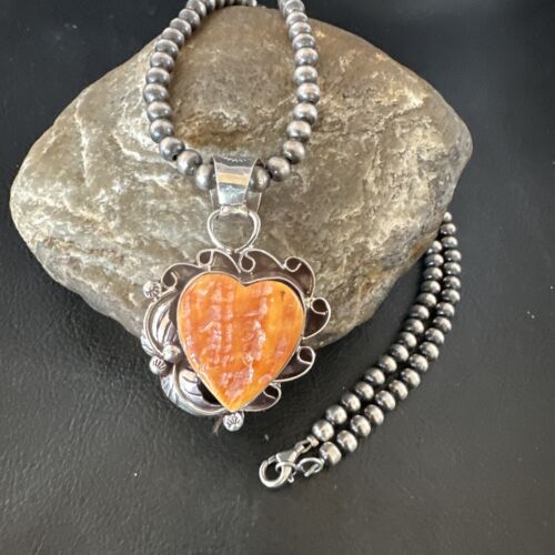 Navajo Orange Spiny Oyster Heart Pendant Necklace | Sterling Silver | Authentic Native American Handmade | 16552