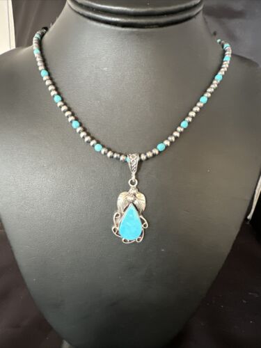 Navajo Pearls Kingman Turquoise Pendant Necklace | Sterling Silver | Authentic Native American Handmade | 14893