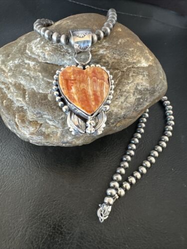 Navajo Orange Spiny Oyster Heart Pendant Necklace | Sterling Silver | Authentic Native American Handmade | 16421