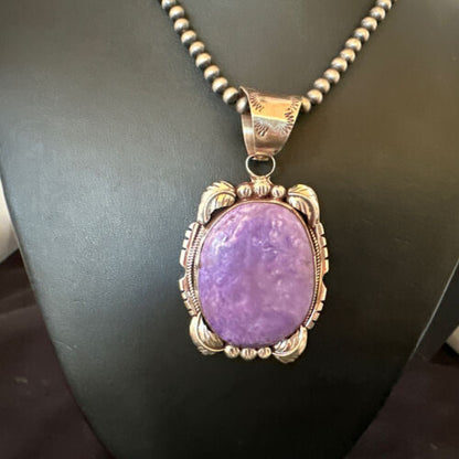 Navajo Purple Charoite Pendant with Pearls | Sterling Silver Necklace | Authentic Native American Handmade | 16653