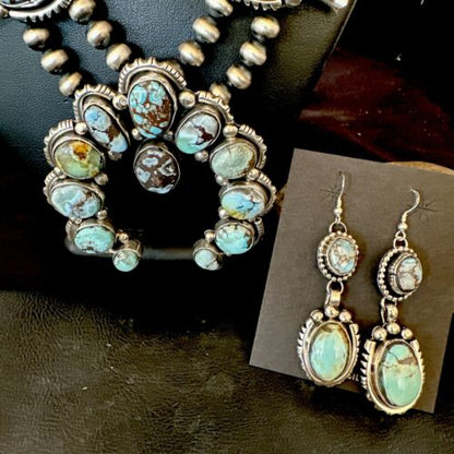 Navajo Blue Golden Hills Turquoise Squash Blossom Necklace & Earrings | Sterling Silver | 17210