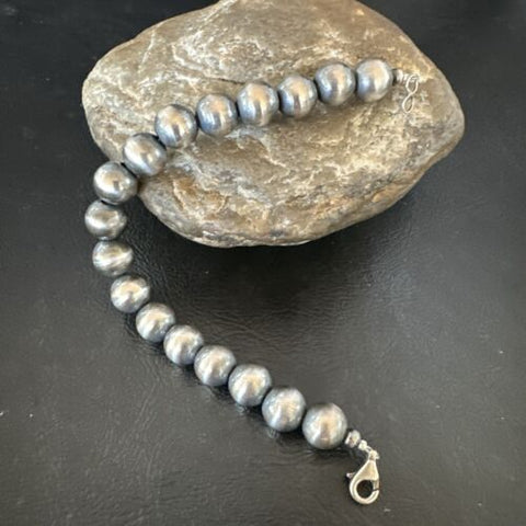 Navajo Pearl 10mm Round Beads 7” Sterling Silver Bracelet 17168
