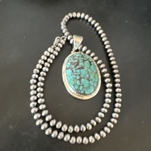 Men's Navajo Blue Spiderweb Turquoise Pendant Necklace | Sterling Silver | Authentic Native American Handmade | 16213