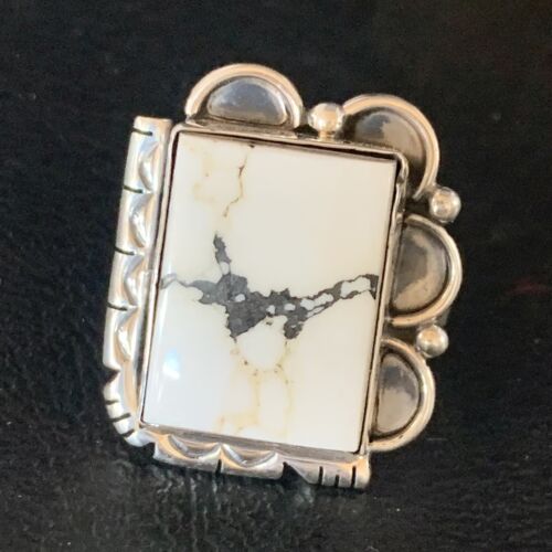 Navajo White Buffalo Turquoise Ring | Sterling Silver | Sz 8.5 | Authentic Native American Handmade | 13531