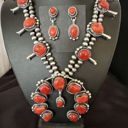 Red Coral Naja Pendant | Sterling Silver Squash Blossom Necklace & Earrings | Native American | 17048