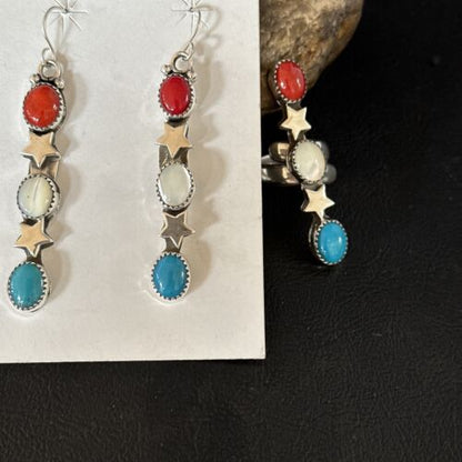 Navajo Coral Mother of Pearl Turquoise Earrings & Ring Set | Sterling Silver | Sz 7 | Authentic Native American Handmade | 15326