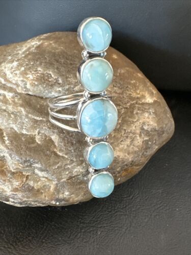 Navajo Blue Larimar Cluster Ring | Authentic Native American Sterling Silver | Multi-Stone | Sz 10.5 | 15941