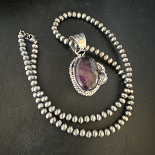 Navajo Pearls Purple Sugilite Pendant Necklace | Sterling Silver Beads | Authentic Native American Handmade | 15411