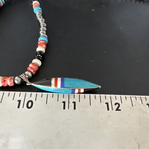 Navajo Turquoise Spiny Oyster Inlay Pendant Necklace | Sterling Silver | Authentic Native American Handmade | 13560