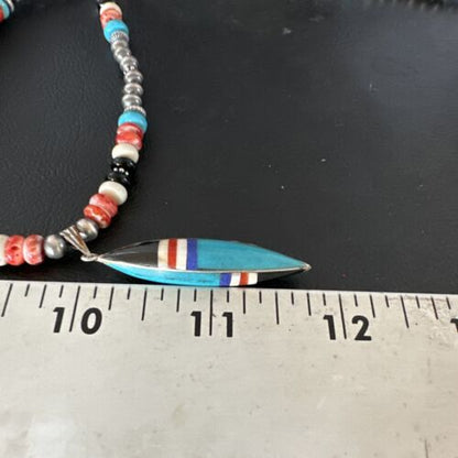 Navajo Turquoise Spiny Oyster Inlay Pendant Necklace | Sterling Silver | Authentic Native American Handmade | 13560