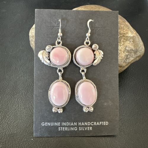 Navajo Pink Conch Shell Dangle Earrings | Sterling Silver | Authentic Native American Handmade | 17191