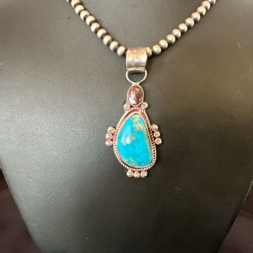 Navajo Blue Kingman Turquoise Wild Horse Pendant Necklace | Sterling Silver | Authentic Native American Handmade | 17223