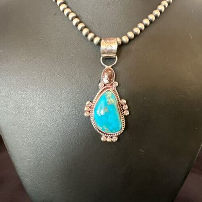 Navajo Blue Kingman Turquoise Wild Horse Pendant Necklace | Sterling Silver | Authentic Native American Handmade | 17223