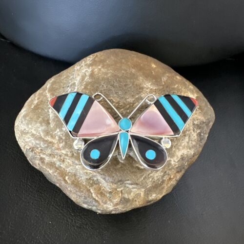 Zuni Butterfly Turquoise Mother of Pearl Onyx Inlay Pin Pendant | Sterling Silver | 15151