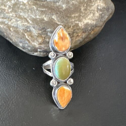 Navajo Green Turquoise Spiny Oyster Multi-Stone Ring | Authentic Native American Sterling Silver | Sz 10 | 16711