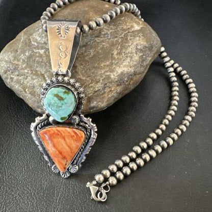 Navajo Green Royston Turquoise | Spiny Pendant Necklace | Sterling Silver | Native American Handmade | 17013