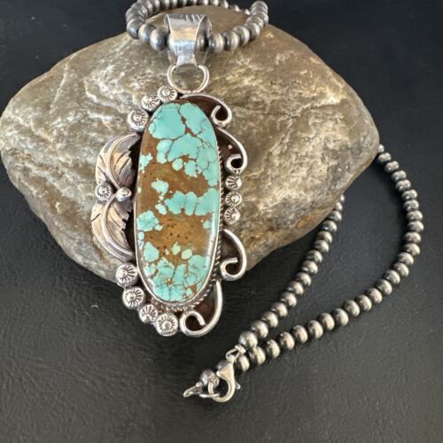 Navajo Blue Turquoise #8 Pendant | Sterling Silver Necklace with Pearls | Authentic Native American Handmade | 15442