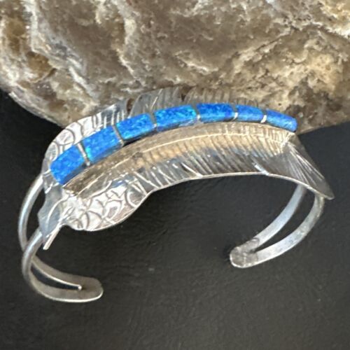 Navajo Sterling Silver Bracelet with Blue Fire Opal Inlay | 7" | Authentic Native American Handmade | 15070