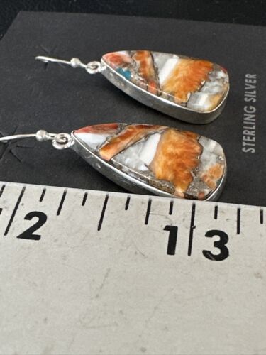 Navajo Blue Turquoise & Orange Spiny Oyster Inlay Dangle Earrings | Sterling Silver | 15583