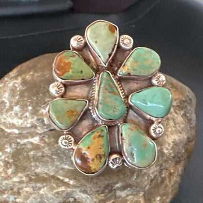 Navajo Green Turquoise Cluster Ring | Authentic Native American Sterling Silver | Multi-Stone | Sz 7 | 16859