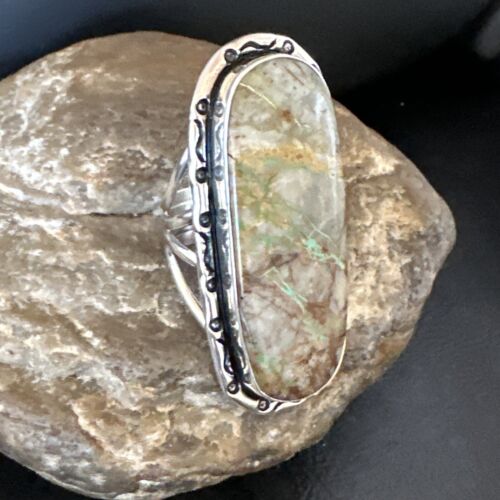 Navajo Ribbon Boulder Green Turquoise Ring | Sterling Silver | Sz 8 | Authentic Native American Handmade | 16383