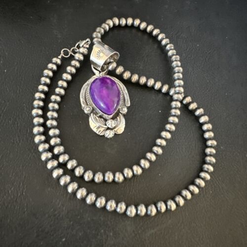 Navajo Purple Sugilite Pendant with Pearls | Sterling Silver Necklace | Authentic Native American Handmade | 15452