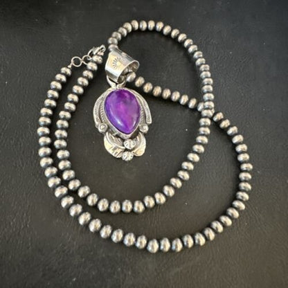 Navajo Purple Sugilite Pendant with Pearls | Sterling Silver Necklace | Authentic Native American Handmade | 15452