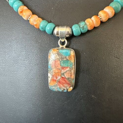 Navajo Spiny Turquoise Pendant Necklace | Sterling Silver | 21" | Authentic Native American Handmade | 17513