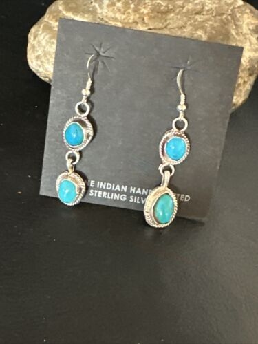 Kingman Turquoise Dangle Earrings | Navajo Handmade | Sterling Silver | Authentic Native American | 14868