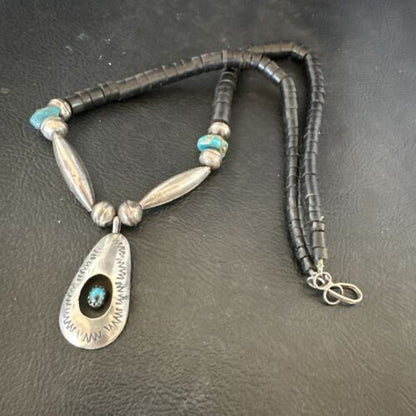 Navajo Blue Turquoise Black Onyx Shadowbox Pendant | Sterling Silver Necklace | 16" | 17542