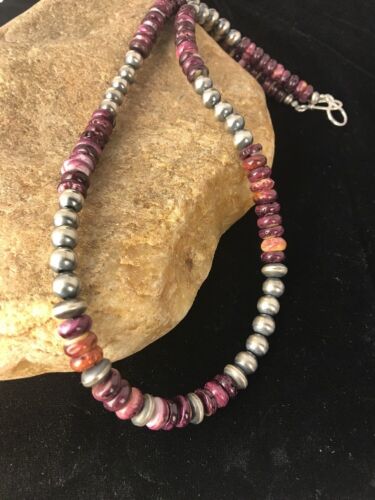 Navajo Pearls Necklace | Sterling Silver Purple Spiny Oyster Beads 8mm | Authentic Native American Handmade | 15956