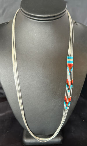 Multi-Color Liquid Silver Heishi Necklace | 5-Strand Sterling Tubes | 25" | Authentic Native American Handmade | 15136