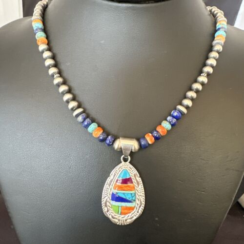 Navajo Spiny Oyster Turquoise Lapis Inlay Pendant Necklace | Sterling Silver | 21" | Authentic Native American Handmade | 16629