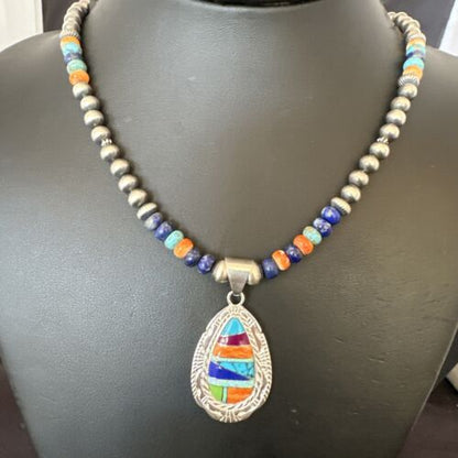 Navajo Spiny Oyster Turquoise Lapis Inlay Pendant Necklace | Sterling Silver | 21" | Authentic Native American Handmade | 16629