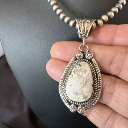 Navajo White Buffalo Turquoise Pendant Necklace | Sterling Silver | Authentic Native American Handmade | 17512 - Masha USA