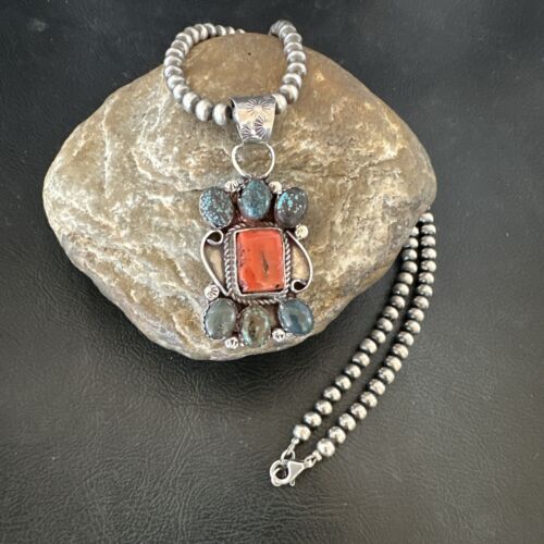Navajo Turquoise Coral Cluster Pendant Necklace | Sterling Silver | Authentic Native American Handmade | 17186