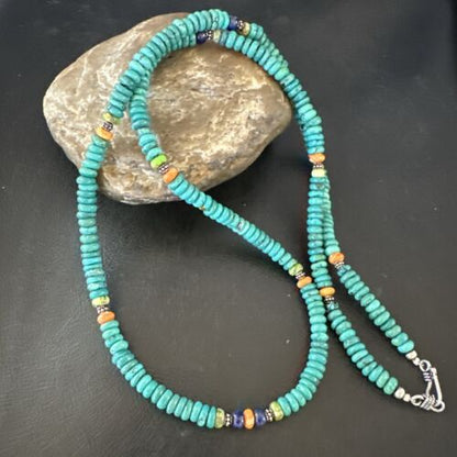 Navajo Blue Turquoise Spiny Oyster Necklace | Sterling Silver | 31" | Authentic Native American Handmade | 17487