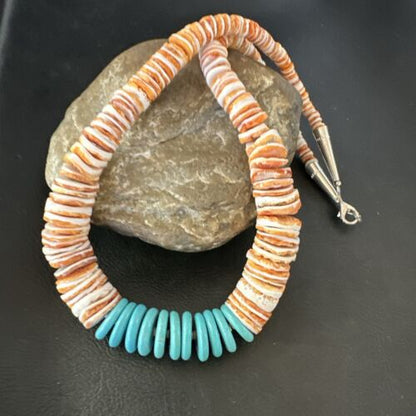 Navajo Sterling Silver Blue Turquoise & Spiny Oyster Graduated Necklace | Authentic Native American | 20" | 16903