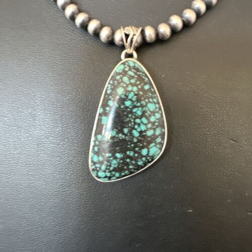 Men's Navajo Blue Spiderweb Turquoise Pendant Necklace | Sterling Silver | Authentic Native American Handmade | 16227