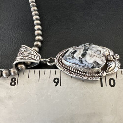 Navajo White Buffalo Turquoise Pendant Necklace | Sterling Silver | Authentic Native American Handmade | 17522
