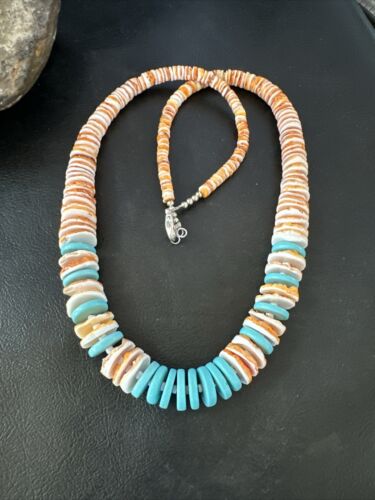 Navajo Sterling Silver Blue Turquoise & Spiny Oyster Graduated Necklace | Authentic Native American | 23" | 16902