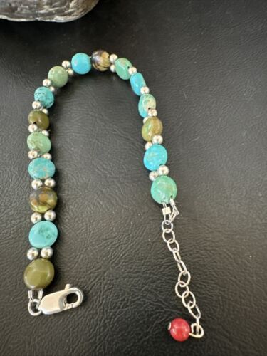 Women's Blue Turquoise Bead Bracelet | Southwestern Sterling Silver Link | 8" | 17237