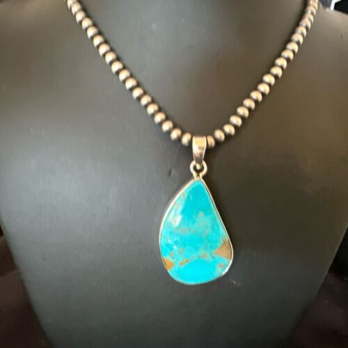 Blue Kingman Turquoise Pendant | Navajo Pearls | Sterling Silver Necklace 20" | 16999