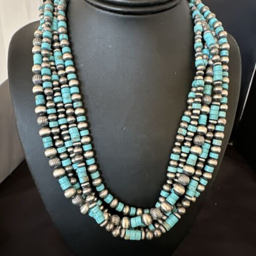 Navajo Sterling Silver 5 Strand 8mm Turquoise Heishi Necklace & Earrings Set | 20" | 17184