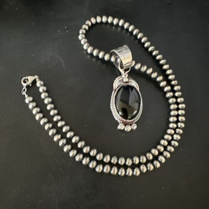 Men's Navajo Pearls Necklace with Black Onyx Pendant | Sterling Silver | Authentic Native American Handmade | 15367